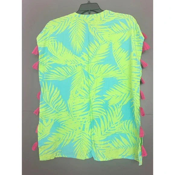 Escapada Living Tropical Palm Print Tassel Kaftan Cover Up Green Blue Large - Picture 5 of 6